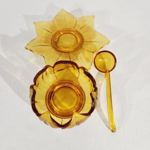 Amber Glass Condiment Jelly Sugar Dish Floral Lotus Bowl Tray Spoon Vtg *Crack - Picture 4 of 12